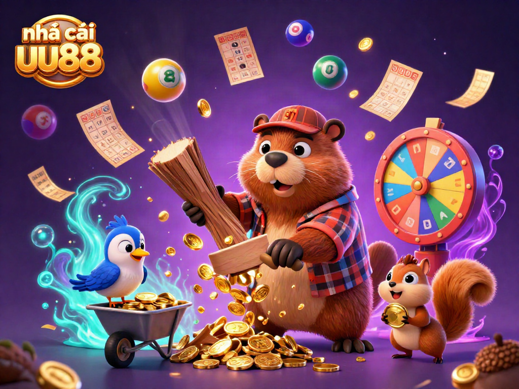 Join the excitement at nhà cái uu88 with a beaver raining gold coins and vibrant lottery balls in a colorful casino scene.