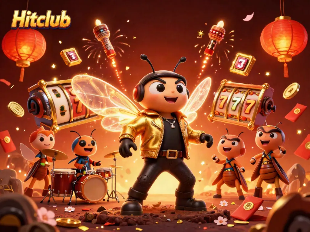 Hitclub's dynamic casino scene featuring a cicada rock star and whimsical game elements.