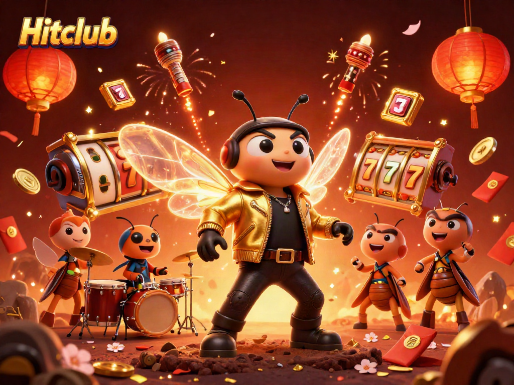 Hitclub's dynamic casino scene featuring a cicada rock star and whimsical game elements.