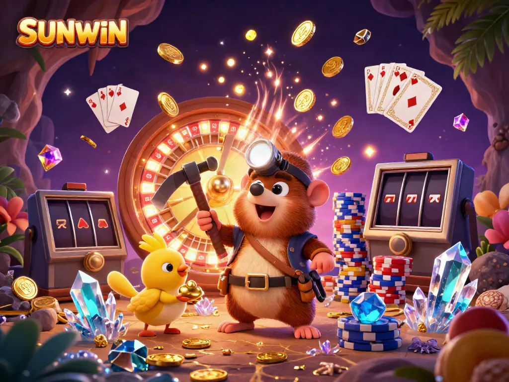 SUNWIN treasure hunter mole searches for gems in a vibrant casino environment filled with coins and cards.