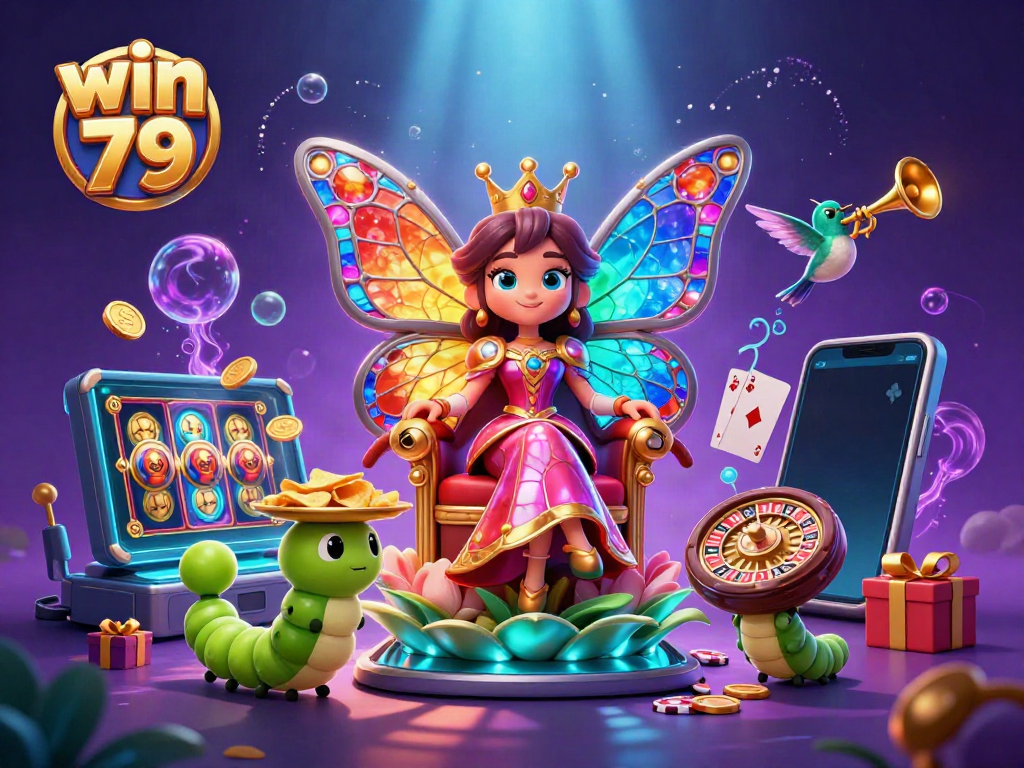 Experience thrilling gaming with win 79, featuring a butterfly queen and vibrant casino elements.