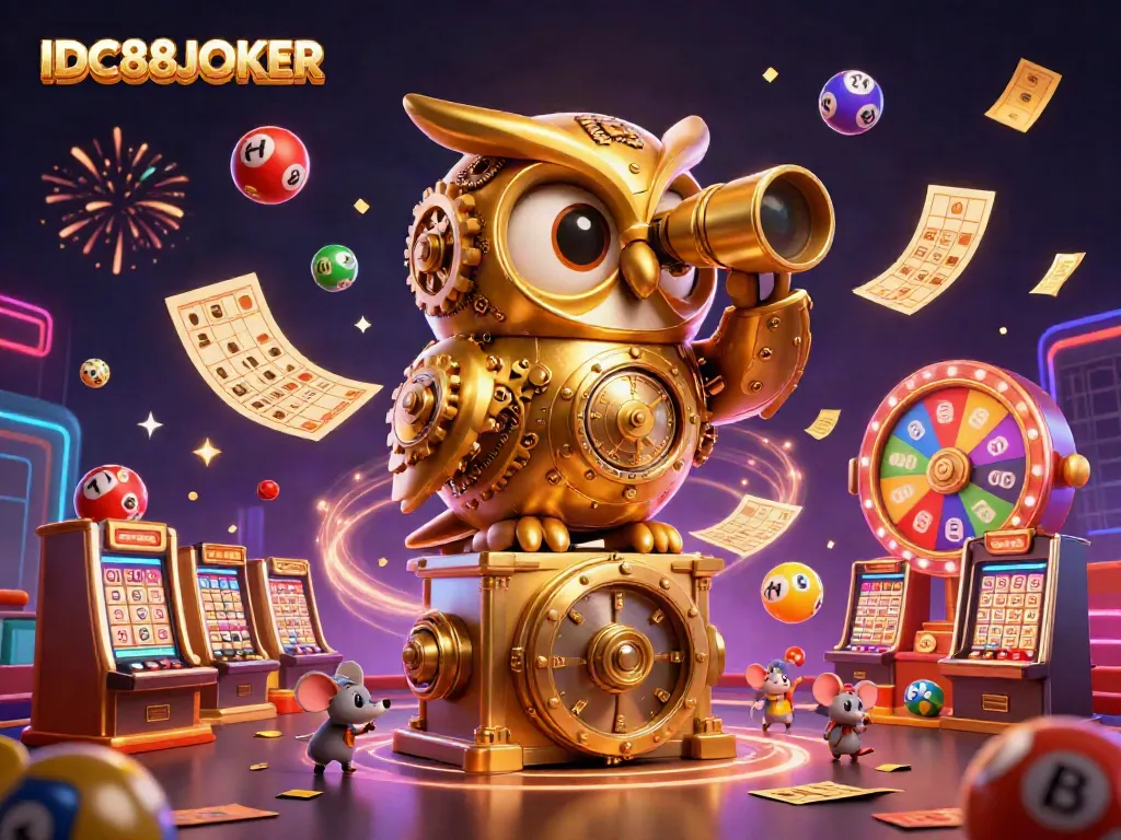 Experience engaging casino fun with IDC88JOKER featuring a clockwork owl and vibrant game elements.