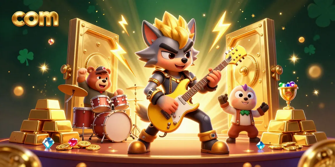 Experience com excitement with our animated casino scene featuring a rock star wolf and treasures.