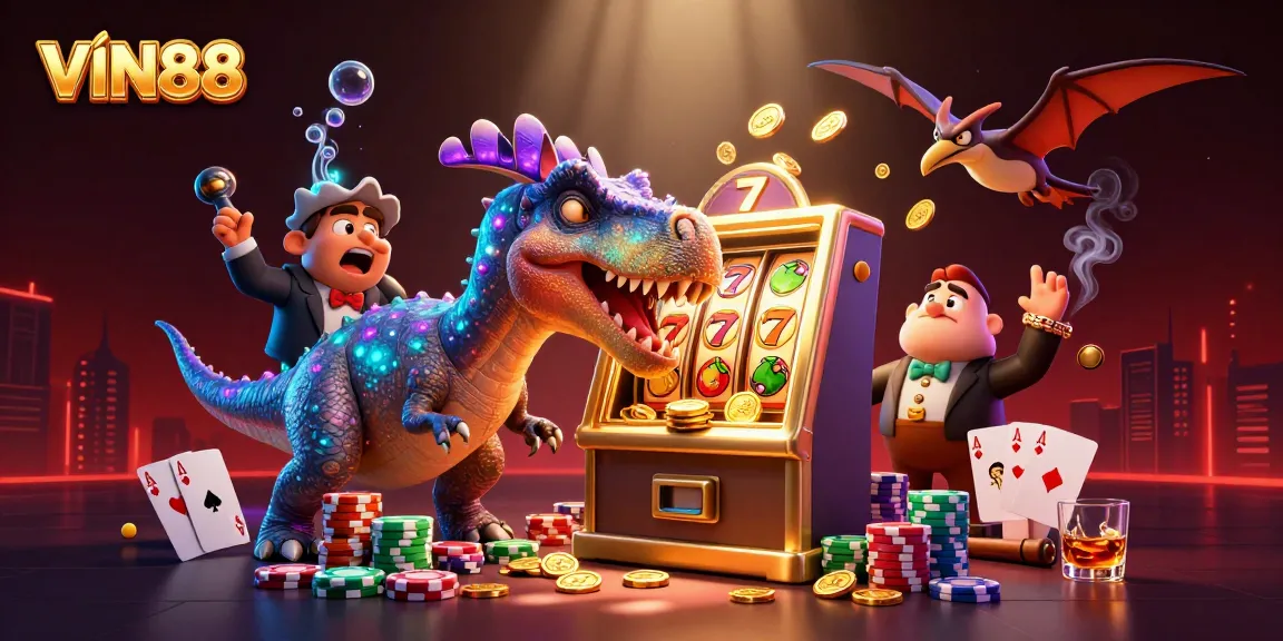 VIN88 evokes excitement as a dinosaur sparks jackpot wins amidst a thrilling casino scene.