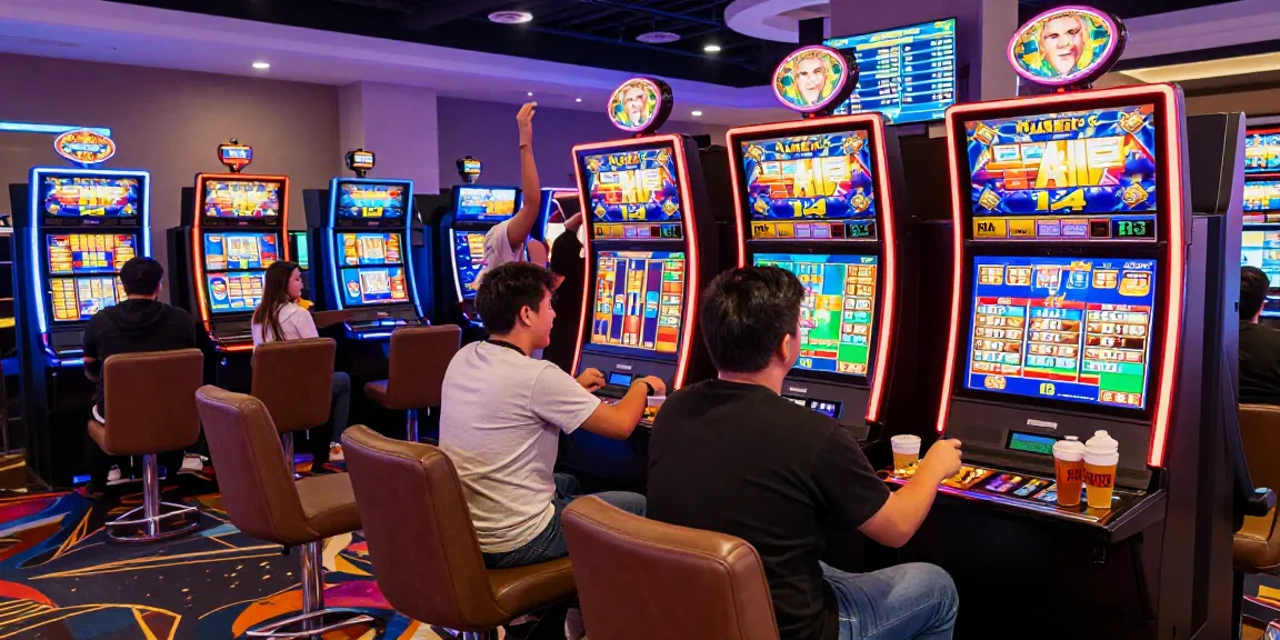 Players enjoying Link Slot Gacor Kartupoker in a vibrant online casino atmosphere with flashing lights and excitement.