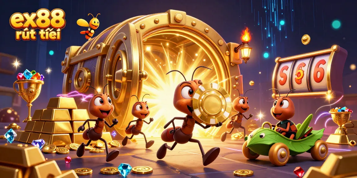 Experience ex88 rút tiền action with ants heisting a golden poker chip in a vibrant casino scene.