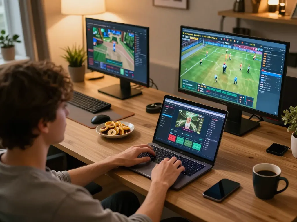 Person engaging in sports betting on GG88 platform from a cozy home office, showcasing excitement and strategy.