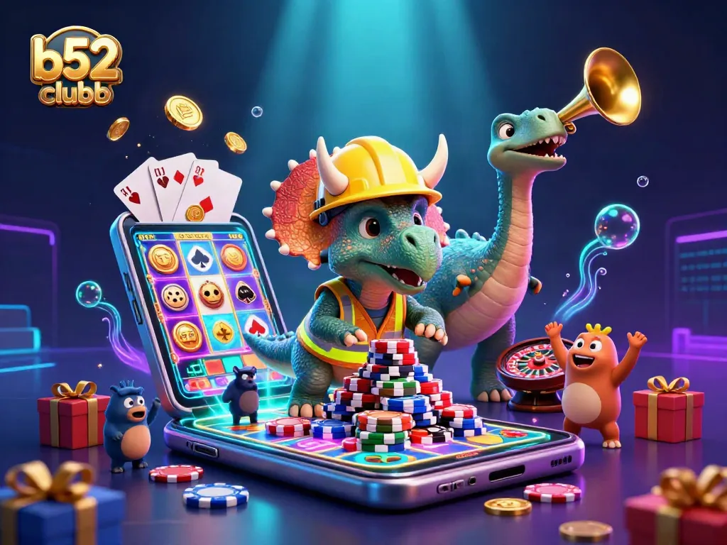 B52Clubb showcases a fun casino scene with animated characters building poker chips amid colorful slot games and coins.