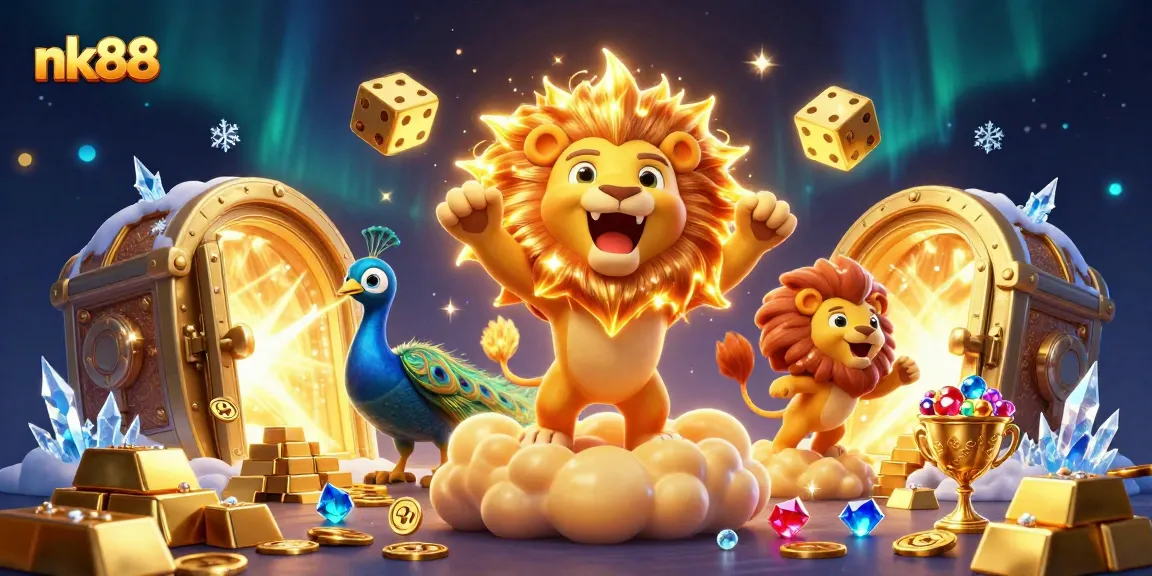 nk88 casino scene with a roaring sun lion, golden dice, and vibrant treasures.