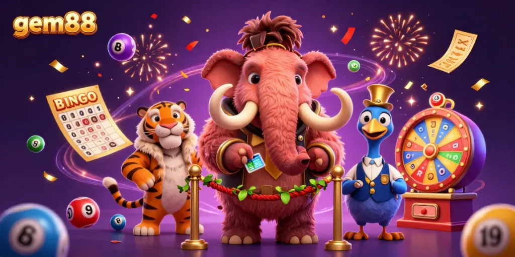 Experience the gem88 casino scene with a woolly mammoth bouncer checking IDs, surrounded by festive gambling elements.