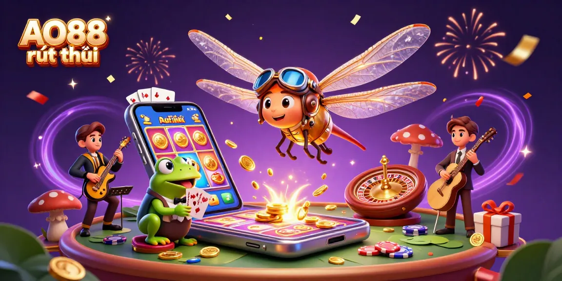 Experience the thrill of AO88 rút tiền as a dragonfly pilot hovers above a vibrant casino scene.
