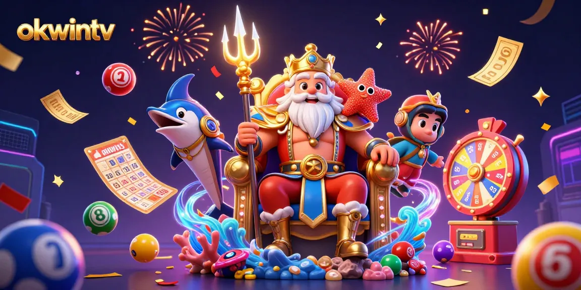 Engage with okwintv as Neptune oversees thrilling games with gold tokens and vibrant lottery balls.