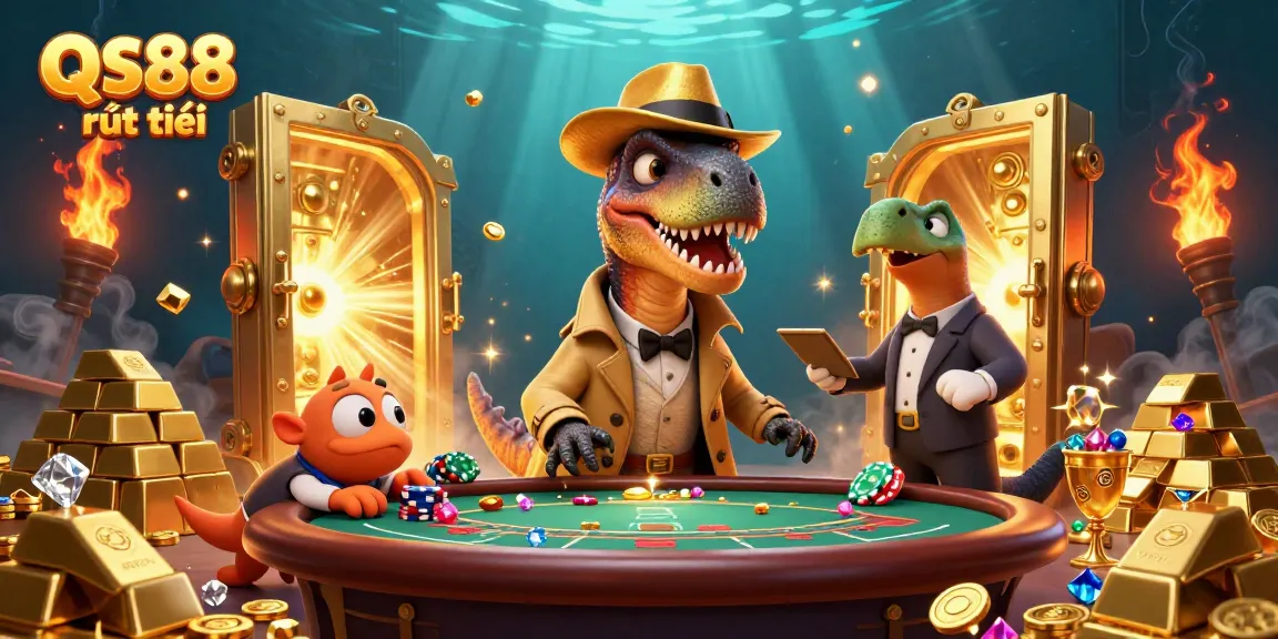 Experience the thrill of QS88 rút tiền in this dynamic casino illustration with engaging characters and bold visuals.