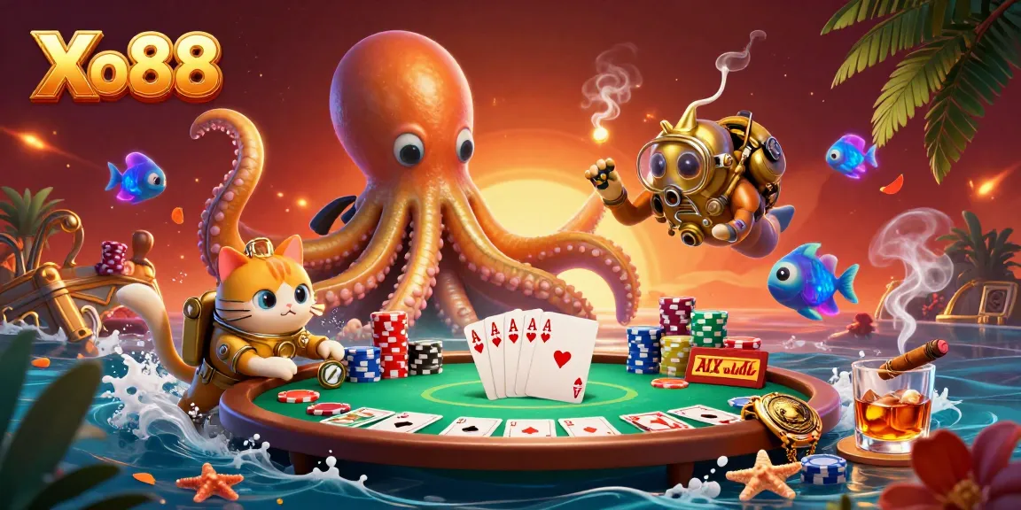 Xo88 showcases a vibrant poker scene with a colorful kraken and diving cat among stacked poker chips.
