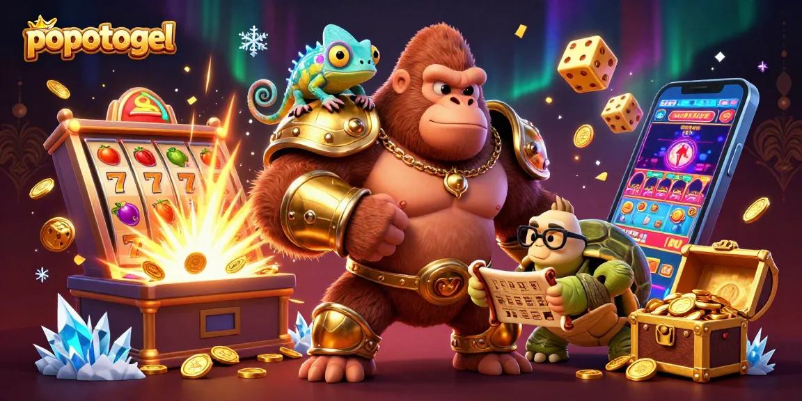 Experience popotogel's thrilling slots with a gorilla king, chameleon, and tortoise in a vibrant casino scene.