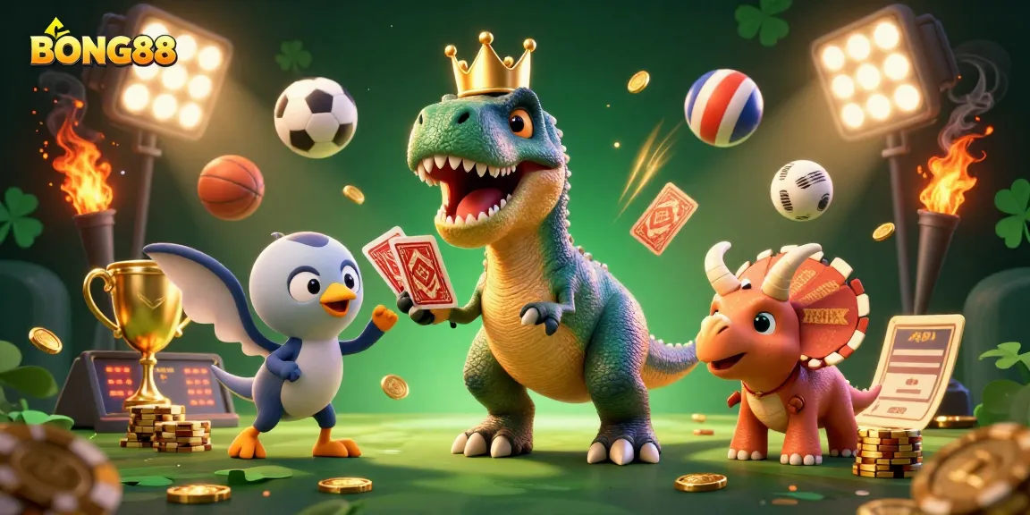 Engage in thrilling gaming at BONG88 with fun characters and vibrant, dynamic casino elements.