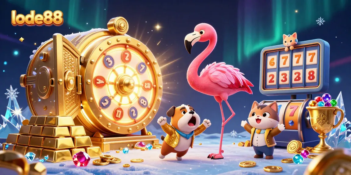 Spin exciting prizes with lode88 in a vibrant 3D casino illustration featuring a flamingo and bulldog.
