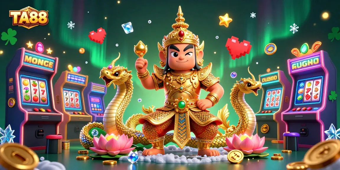 Engage with TA88’s gambling excitement featured in a vibrant 3D casino illustration.