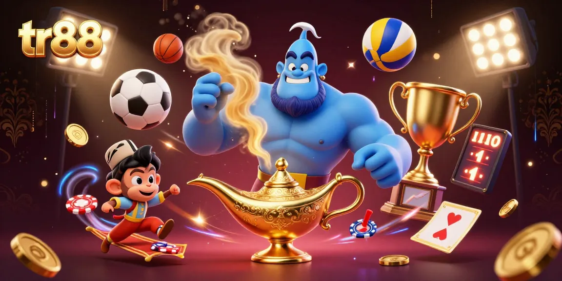 Engage in thrilling gaming adventures at tr88 with dynamic casino and sports elements around a captivating genie.