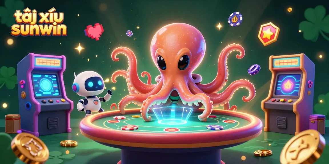 Engage in tài xỉu sunwin with a cosmic octopus at a holographic poker table amongst vibrant gaming elements.