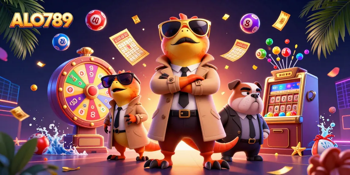 Play exciting games at ALO789, featuring three raptors in a trench coat entering a casino while colorful lottery elements surround them.