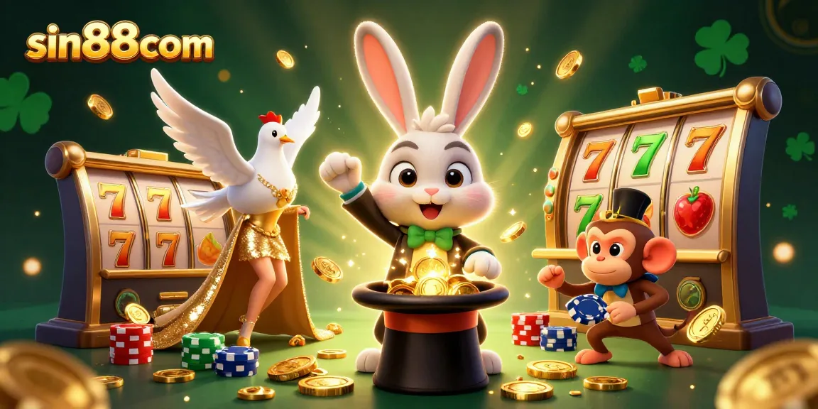 Engage in winning strategies with sin88com in this vibrant casino illustration featuring a magician, dove, and monkey.