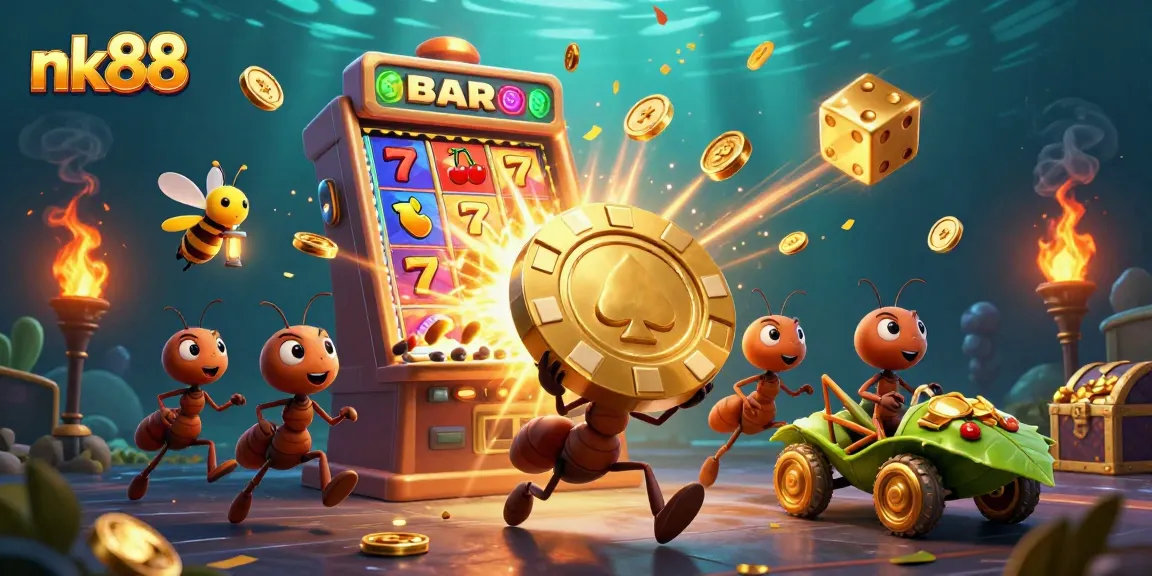 Experience nk88 with vibrant casino action as ants heist golden poker chips in a dynamic scene.