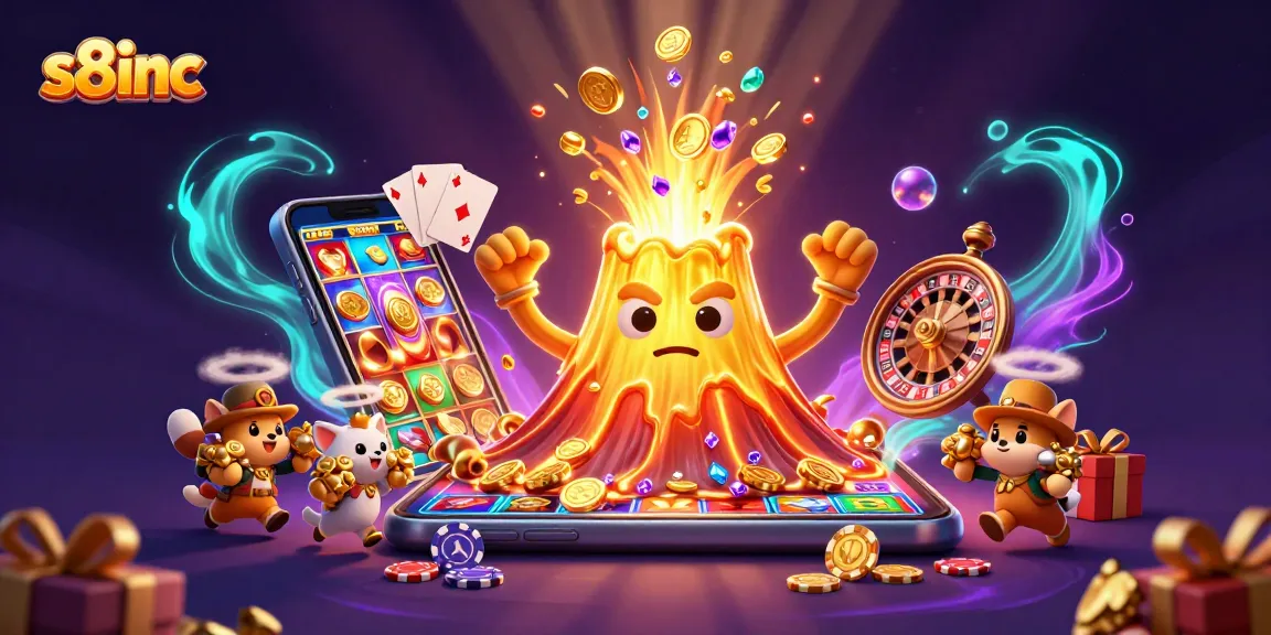 S8inc unleashes thrilling treasures with a triumphant volcano erupting gold and gems in this vibrant casino scene.