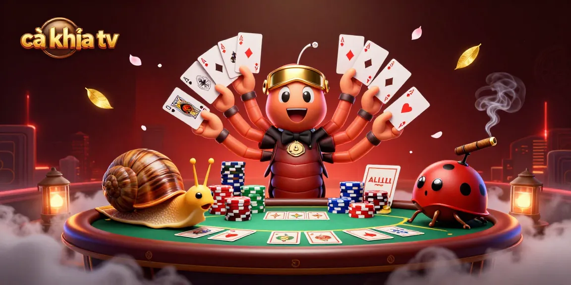 Cà khịa tv offers thrilling poker action with a whimsical cartoon scene featuring a lively dealer and animated characters.