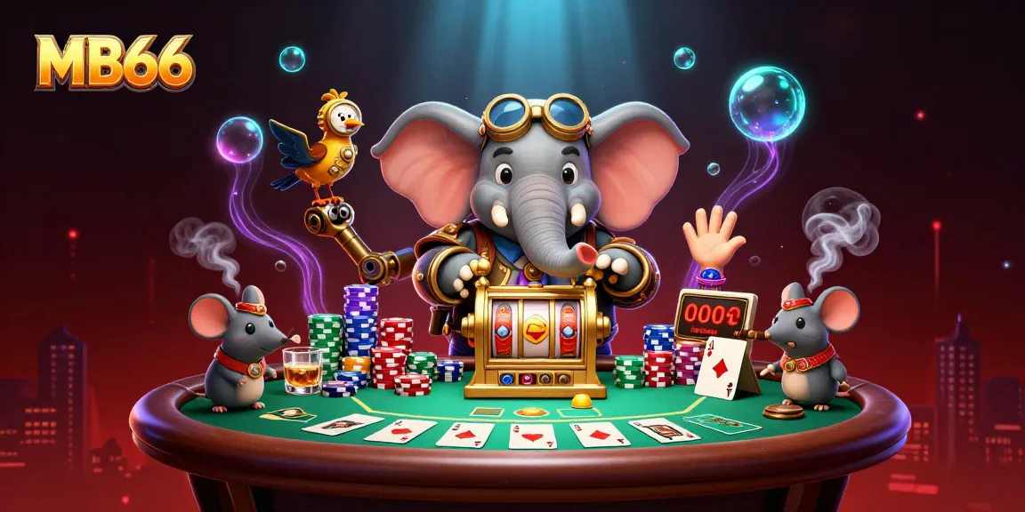Spin the golden slot machine with MB66’s steampunk elephant engineer amidst vibrant casino action.