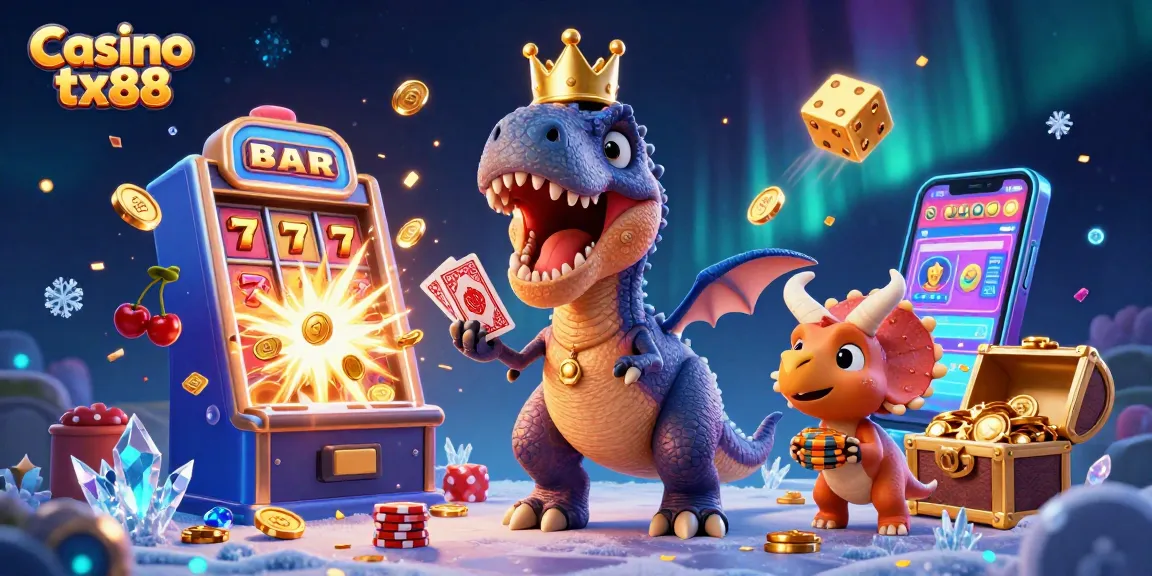 Experience thrilling fun at Casino tx88 with a friendly T-Rex, cards, and chips in a vibrant scene.