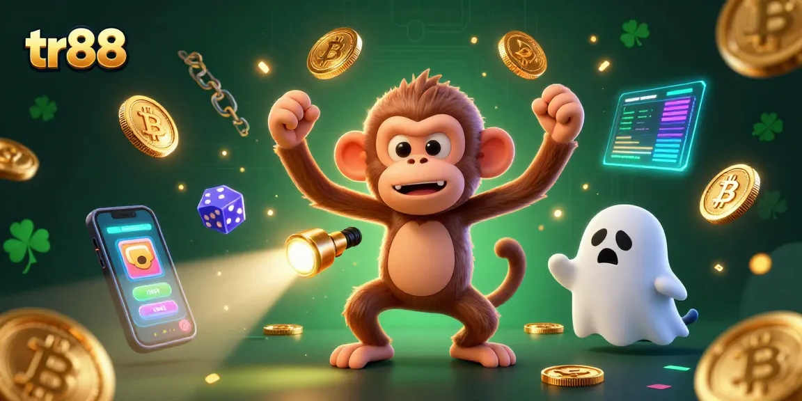 tr88 showcases a playful scene with a mischievous poltergeist monkey juggling coins in a haunted casino atmosphere.
