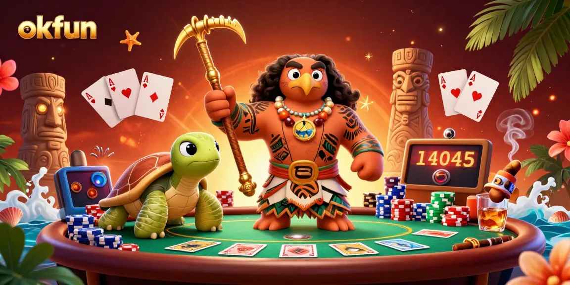 Experience dynamic gambling action with okfun in this vibrant 3D casino illustration.