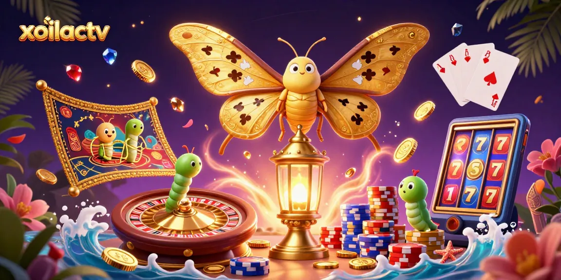 Xoilactv showcases an enchanting scene with a vibrant moth and dazzling casino elements