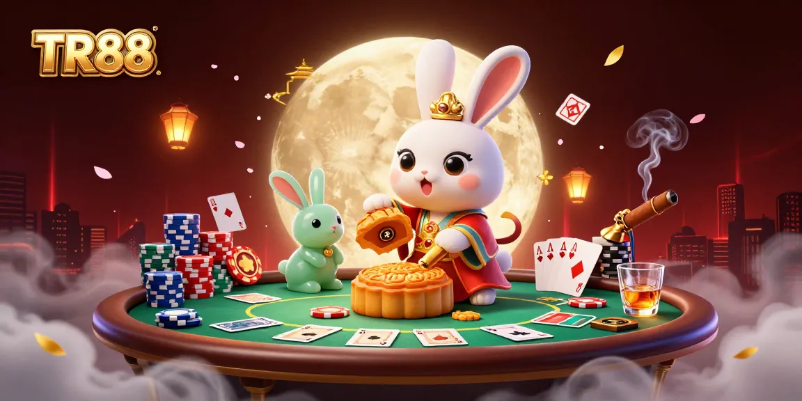 Experience TR88's thrilling gameplay with a magical moon rabbit surrounded by poker elements and casino glamour.
