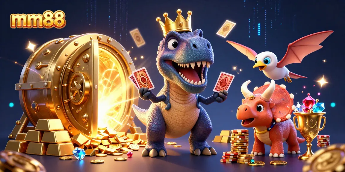 Showcase mm88 with friendly dinosaurs engaging in gambling, featuring vibrant treasures in 3D.