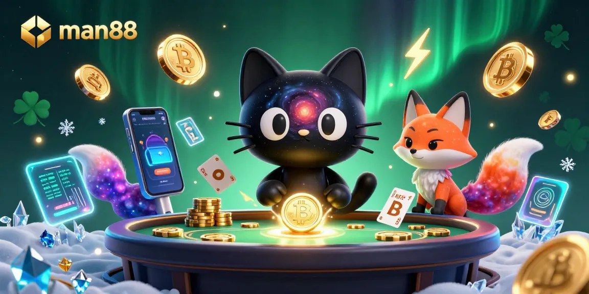Experience the excitement of man88 with a cosmic casino scene featuring vibrant characters and cryptocurrency elements.