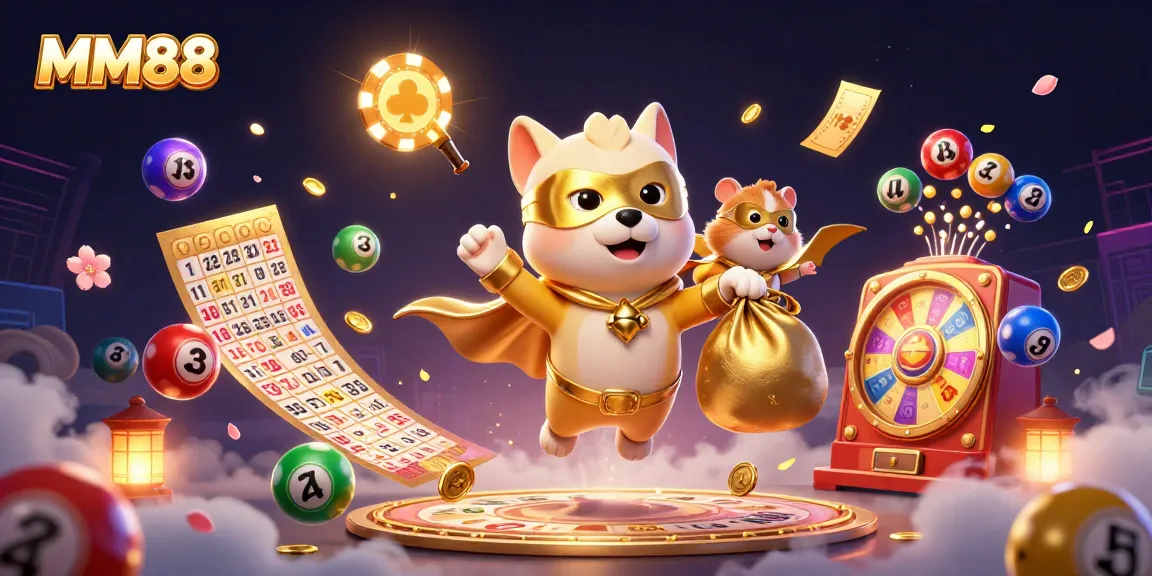 Experience the thrill of MM88 with vibrant lottery elements and playful characters in a dynamic casino scene.