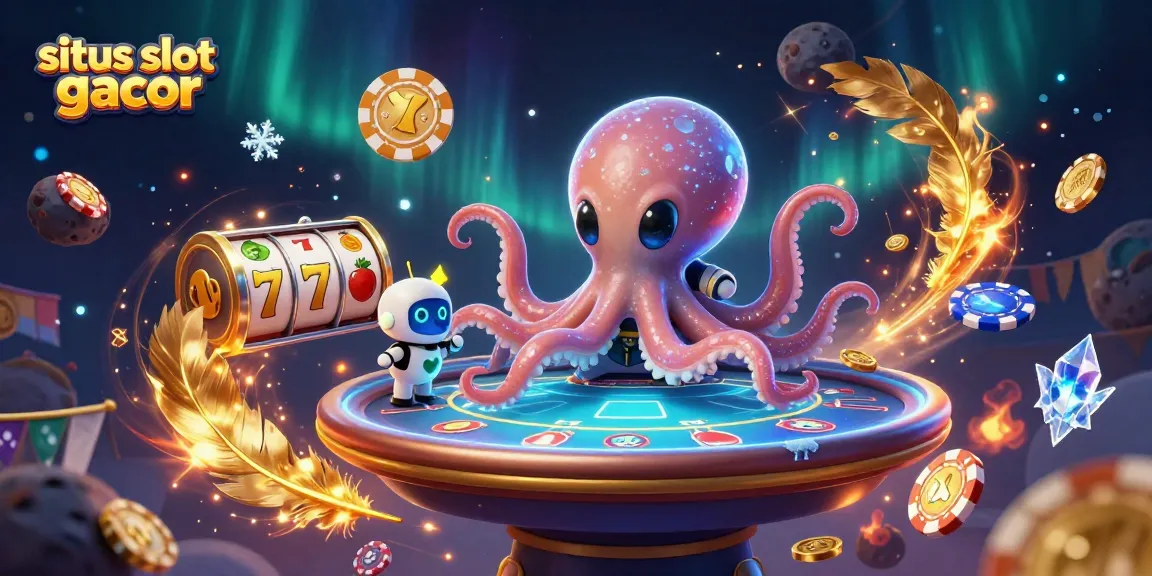 Spin the reels at situs slot gacor with an alien octopus and poker elements in a vibrant scene.