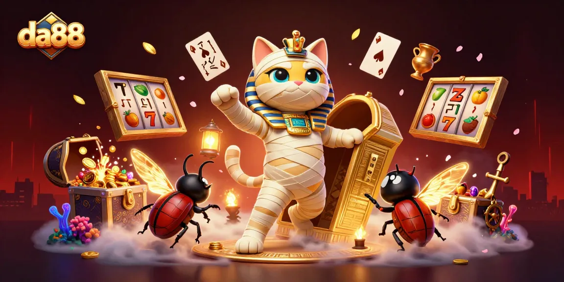 Play with da88 as the Egyptian mummy cat emerges in a vibrant casino setting.