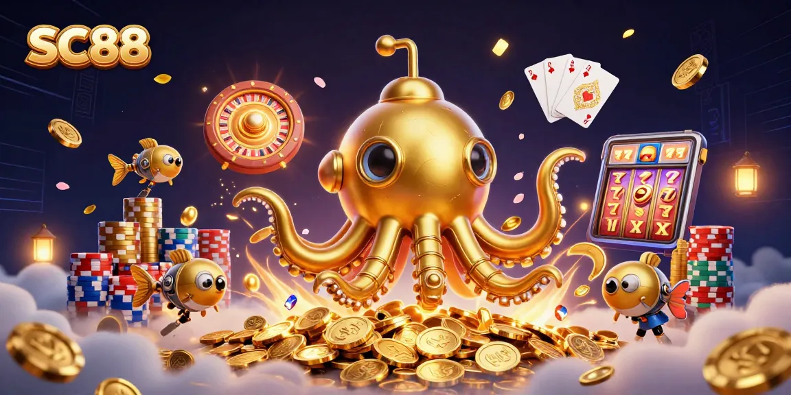 SC88 immersive scene featuring animated kraken submarine with golden coins and vibrant casino elements.