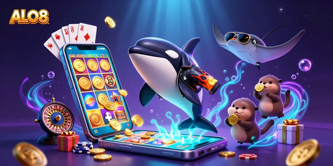 Join ALO8's fun with a dynamic scene showcasing a cartoon orca, stingray, and otters enjoying casino games!