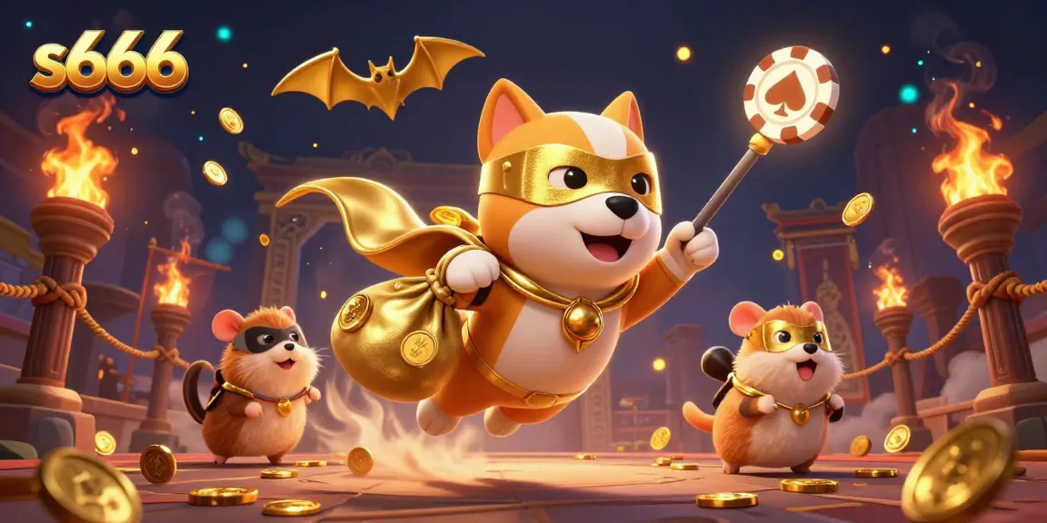 s666 superhero dog flying in a vibrant casino world, filled with gold coins and poker chips.