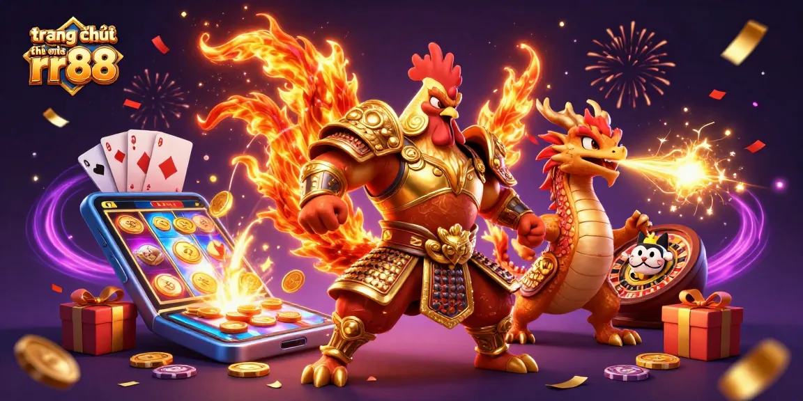 Experience exciting gaming on trang chủ chính thức rr88 with a vibrant illustration featuring action-packed characters and casino elements.