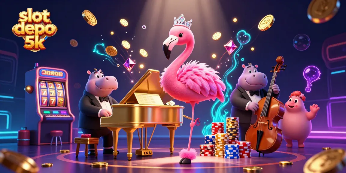 Experience slot depo 5k excitement in a vibrant casino scene with dazzling elements and characters.