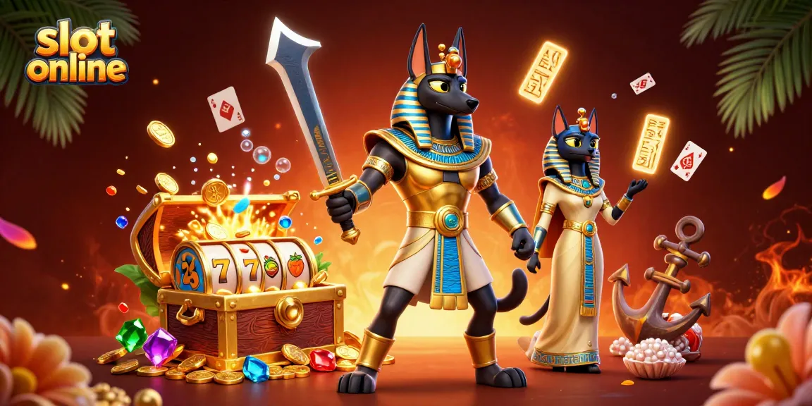 Win big in slot online with Anubis and Bastet surrounded by treasures and vibrant casino elements.